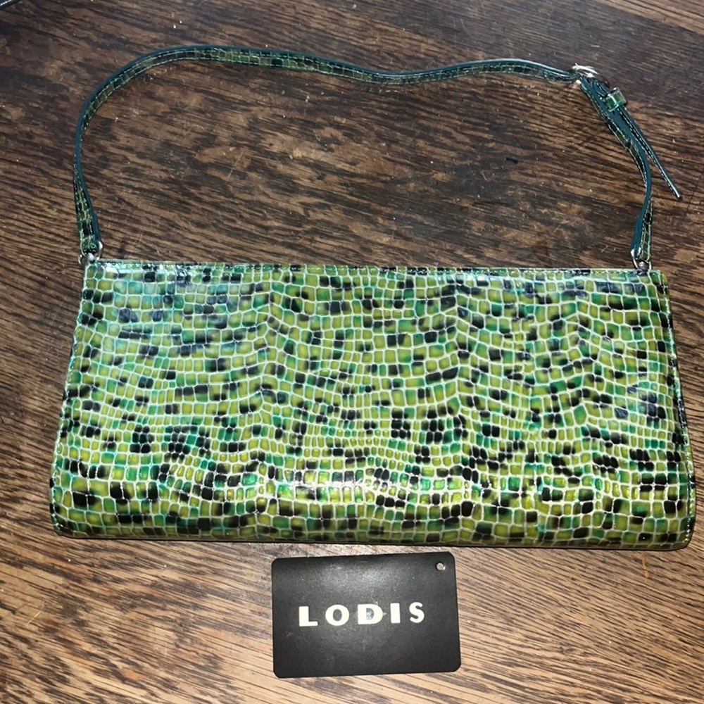 NWT Lodis  snakeskin clutch with real teal leather inside